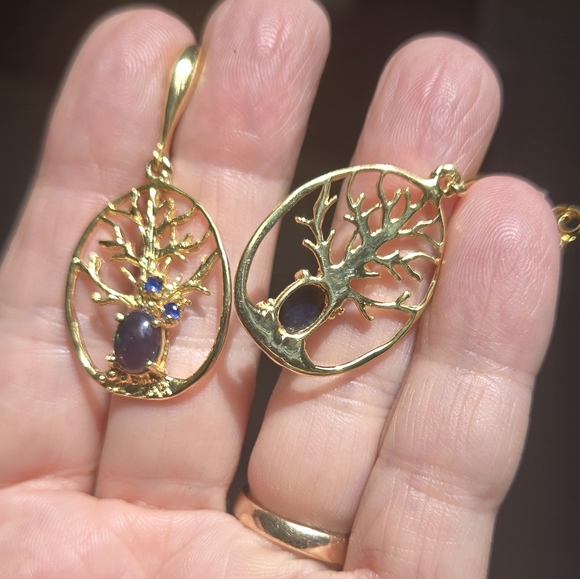 Opal & Sapphire Tree of life sterling & gold earrings - Picture 8 of 9